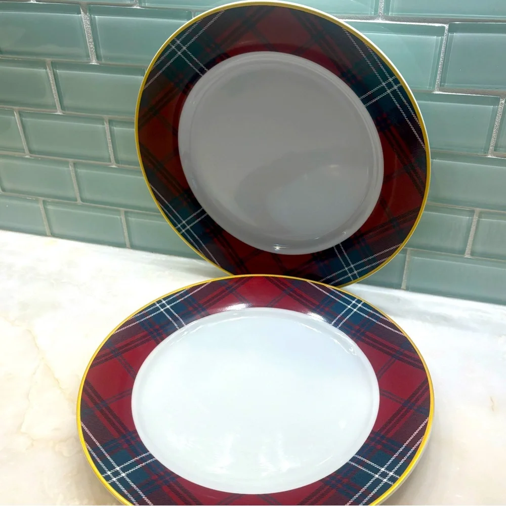 Two Williams-Sonoma Gold Banded Tartan 2012 Plates